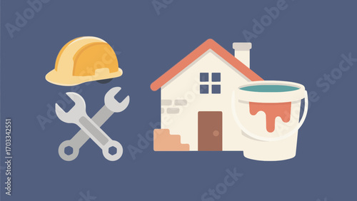 Home renovation illustration featuring tools, paint bucket and house icon