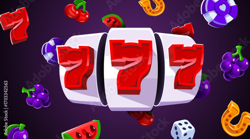Slot machine wins the jackpot. 777 Big win concept. Casino jackpot. Vector illustration