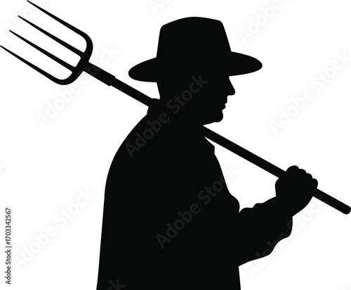 Silhouette of a farmer with a pitchfork, representing agriculture, rural life, and traditional farming practices