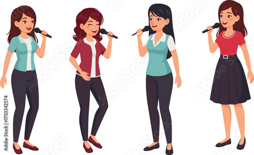 Cartoon female singers with microphones, animated characters performing, casual outfits, music group illustration, stage presence, vocal expression, diversity