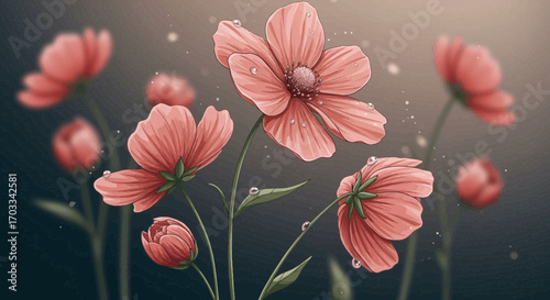 Illustration of delicate pink flowers with water droplets in soft lighting
