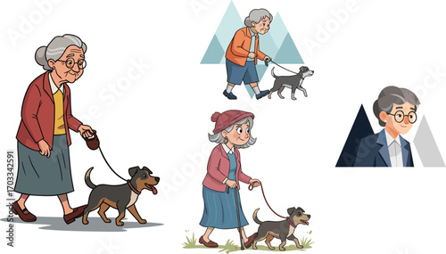Cartoon elderly woman walking dog, senior character, pet companion, outdoor activity, sketch, portrait, illustration, leash, glasses, cardigan, hat, grass, motion, aging, lifestyle, diversity