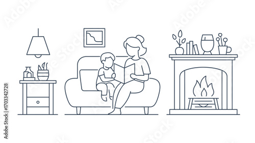 Mother and child reading together by the fireplace in a cozy living room