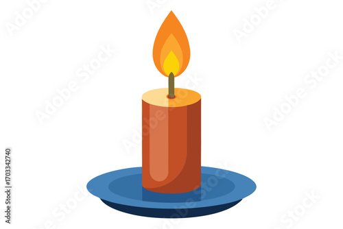 Warm orange candle burns steadily atop a blue saucer candlestick against pure white