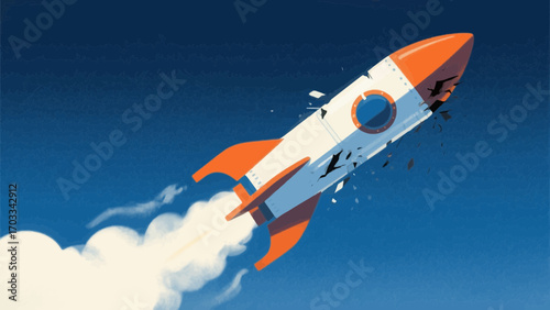 Rocketship soars through blue sky, experiencing structural failure artwork