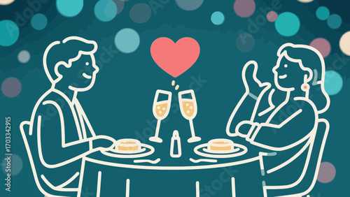 Romantic dinner illustration featuring a couple celebrating with champagne