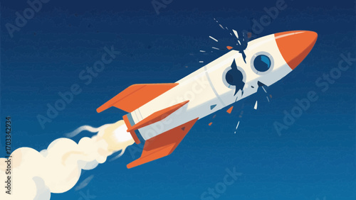 Rocket ship with damage flying through the sky in a cartoon illustration