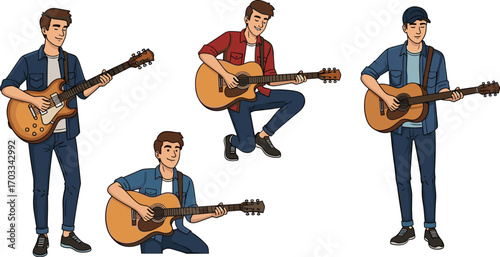 Cartoon guitarist playing acoustic and electric guitar, dynamic poses, music performance, casual outfit, energetic character illustration, youth