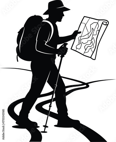 Silhouette of a hiker with backpack and map concept of hiking, trekking, adventure, and outdoor activities