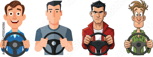 Cartoon man, driving expression, steering wheel, male character, emotion, funny face, serious look, illustration, personality, behavior, goofy driver, focused man, intense stare, cheerful mood
