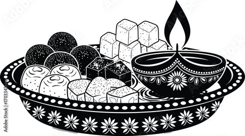 Diwali sweets and diya traditional indian sweets and oil lamp for hindu festival of lights celebration