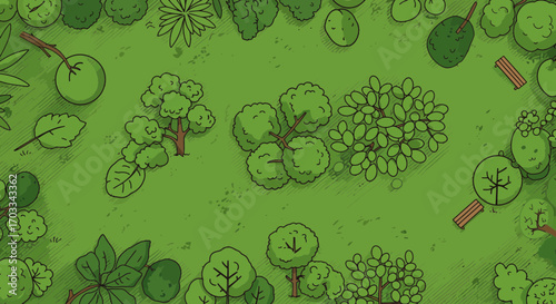 Aerial view illustration of a serene garden with trees and plants in green