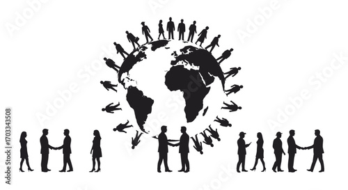 Global collaboration: People shaking hands around the world, symbolizing international cooperation and partnership.