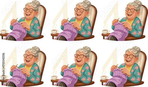Elderly woman knitting, relaxing in chair, cozy home, tea time, smiling senior, peaceful moment, floral outfit, window light