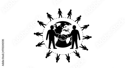 Global partnership icon: people, handshake, and the world.