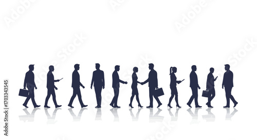 Silhouettes of business people walking in a row.