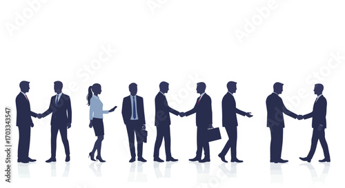 Silhouetted business people shaking hands in a row.