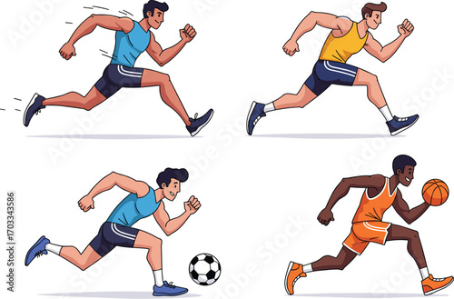 Male athlete illustration, running sports action, soccer and basketball players, motion pose artwork, energetic sports character design