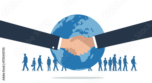 Global business handshake with people and world map background.