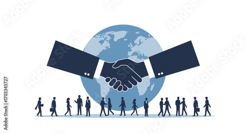 Global business deal with handshake and people silhouettes.