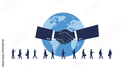 Global business deal with people walking in front of the globe.