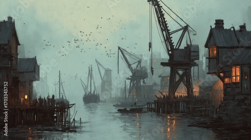 A misty, twilight harbor scene with aged wooden structures, cranes, and ships.  People gather on the docks, adding to the atmospheric depth