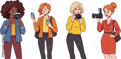 Women photographers illustration, diverse female creators, camera and smartphone users, media production concept, modern content creation scene