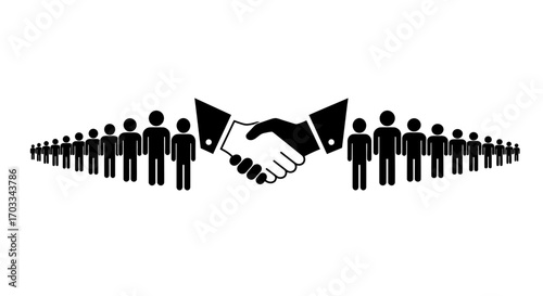 Handshake between two groups of people, symbolizing agreement and partnership.