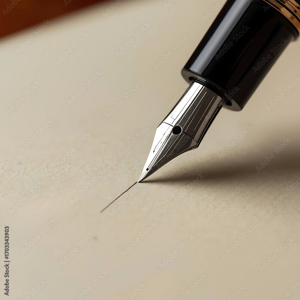 Fototapeta premium Close-Up Fountain Pen Nib Touching Blank Beige Paper Macro Shot