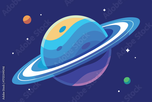 Cartoon planet with rings floats in dark space among stars and distant moons