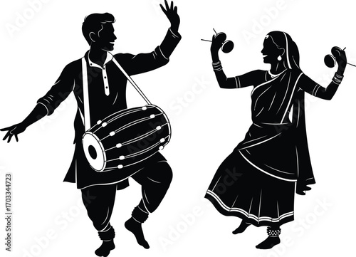 Silhouette illustration of a man playing dhol drum and a woman dancing with cymbals