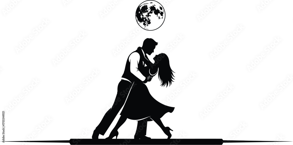 Obraz premium Silhouette illustration of a couple dancing under moonlight