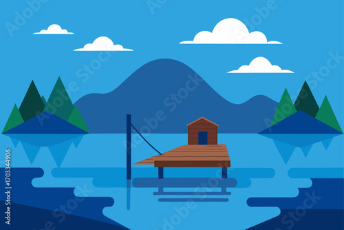 Serene lakeside dock with mountain and forest backdrop