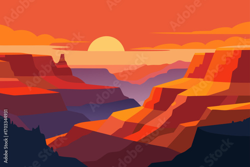 Vibrant sunset over a stylized grand canyon landscape