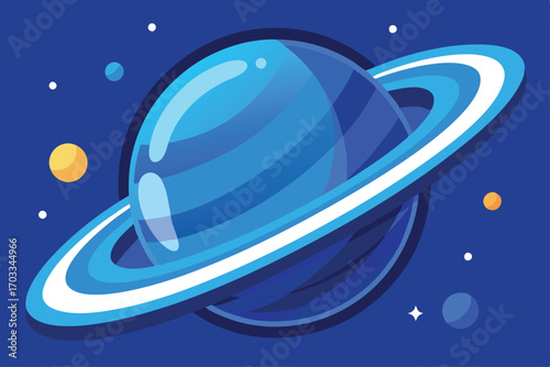 Ringed blue planet orbits with stars against a dark backdrop creating cosmic wonder