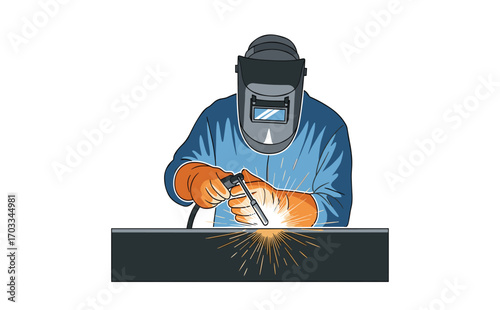 Skilled Worker Engaged in Welding with Protective Gear and Sparks