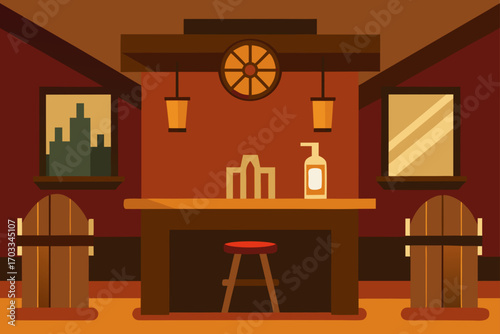 Cozy western bar interior with wooden stool and bottle