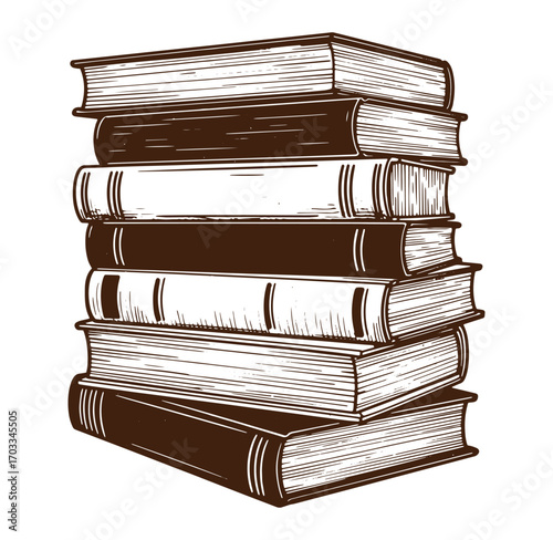 A detailed hand drawn stack of books featuring vintage engraving style with isolated background
