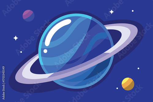 A cartoon blue planet with rings shines brightly among other colorful space objects