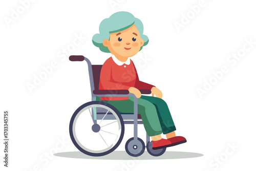 Smiling elderly woman with blue hair sits comfortably in a wheelchair with contentment