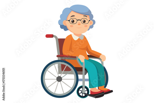 Cartoon elderly woman with blue hair smiles while sitting in a wheelchair