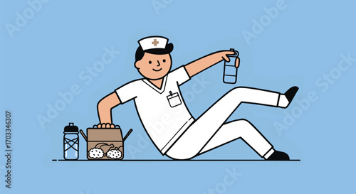 A friendly cartoon male nurse in uniform takes a well-deserved break, relaxing on the floor with a snack box and a drink