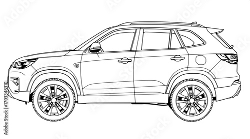 “A precise black-and-white line drawing of a modern SUV in side profile, viewed slightly from above, showing technical details of the body, doors, windows, and rims, with clean outlines and no shading