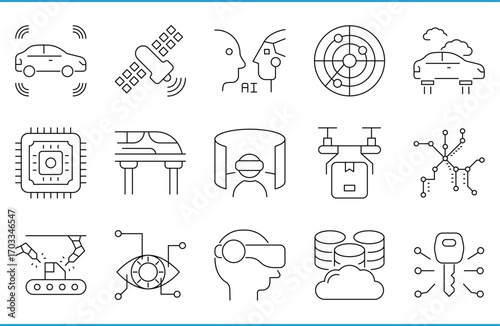 A set of line icons related to High Tech. High, technology, processor, metaverse, flying car, drone delivery, and so on. Vector editable stroke.