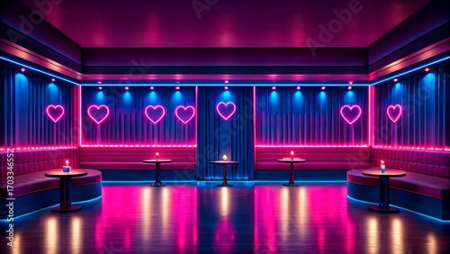 Vibrant nightclub interior with neon heart decorations and inviting ambiance in a modern lounge setting