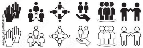 Relationship and communication  icon collection. Set of icons themed around relationships, communication, teamwork, love, and human connections for modern digital design. Vector illustration.
