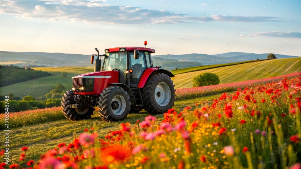 Fototapeta premium Bright red tractor plowing vibrant flower fields under a clear blue sky during golden hour in the countryside