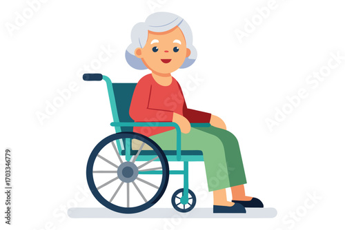Smiling elderly woman with gray hair sits in teal wheelchair on a white background