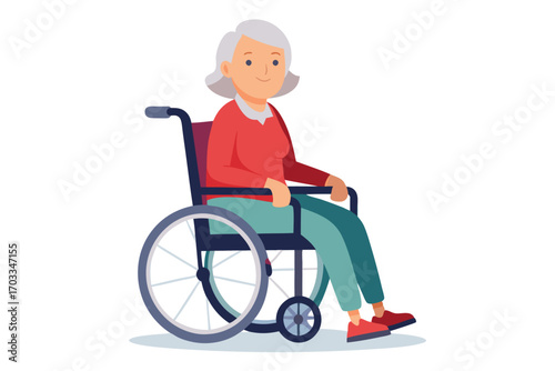 Mature Caucasian lady with white hair is seated in a wheelchair looking forward
