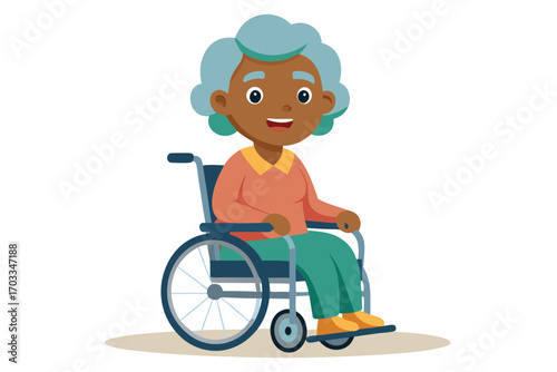 Smiling African woman with blue hair sitting calmly in her wheelchair